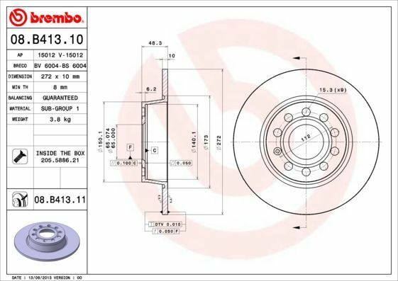 BREMBO 08.B413.10 | Fren Diski Arka (VW Caddy 11-Golf 09-Passat 13-15 Audi A3 09-Seat Leon 13 -) | 2 Adet