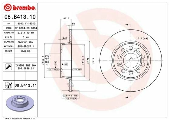 BREMBO 08.B413.10 | Fren Diski Arka (VW Caddy 11-Golf 09-Passat 13-15 Audi A3 09-Seat Leon 13 -) | Adet Fiyatı