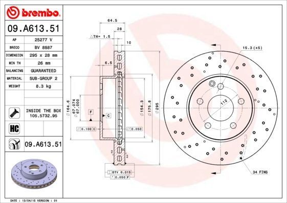 BREMBO 09.A613.51 | Fren Diski (Mercedes C Seri W204 On Sport) | 2 Adet