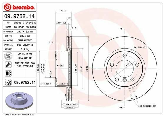 BREMBO 09.9752.11 | Fren Diski Ön Hava Kanallı BMW E87-E90 / 120-316-320 Kaplamalı | 2 Adet