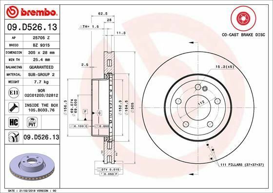 BREMBO 09.D526.13 | Fren Diski (Mercedes W205 / W213 Ön Amg Sport) Kaplamalı | 2 Adet