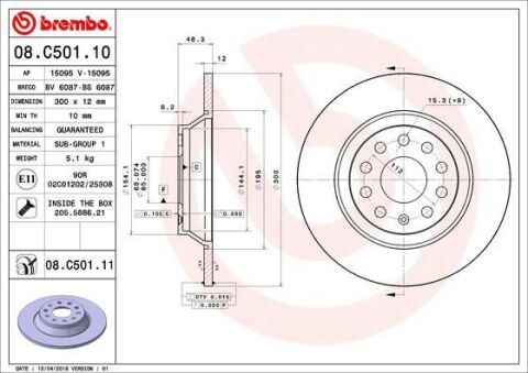 BREMBO 08.C501.11 | Fren Diski VW Passat Q3 2014-Arka Pr-1Ku 300X12 | 2 Adet