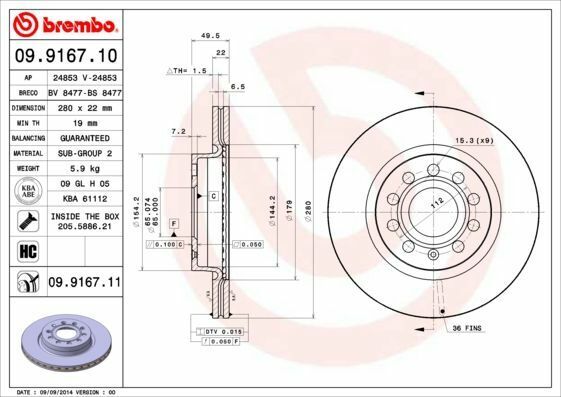 BREMBO 09.9167.10 | Fren Diski Ön (VW Caddy 04-15 Golf 04-14 Audi A3 09-13 Seat Leon 06-13 Skoda Octavia 04-13) | 2 Adet