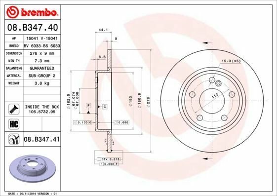 BREMBO 08.B347.41 | Fren Diski Arka Kaplamalı (Mercedes A Serisi (W176) / B Serisi W246) | 2 Adet