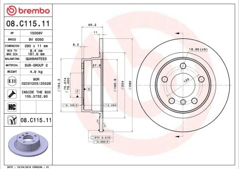 BREMBO 08.C115.11 | Fren Diski Arka Kaplamalı (BMW 1Serısı (F20) 12 / 2010 -) | 2 Adet