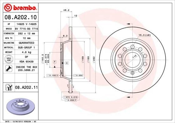 BREMBO 08.A202.10 | Fren Diski Arka (VW Golf 04-14 Passat 06-15 Seat Leon 06-13 Skoda Octavia 04-13) 282×12 5×112 | 2 Adet