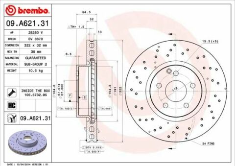 BREMBO 09.A621.31 | Fren Diski 204 / 212 / 207 Ön Amg | 2 Adet
