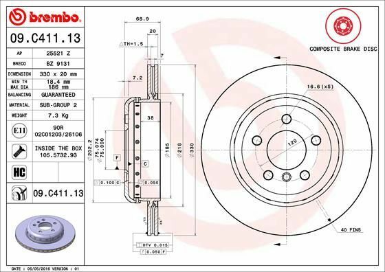 BREMBO 09.C411.13 | Fren Diski Arka BMW F10-F11 520 / 525 / 530 / D | 2 Adet