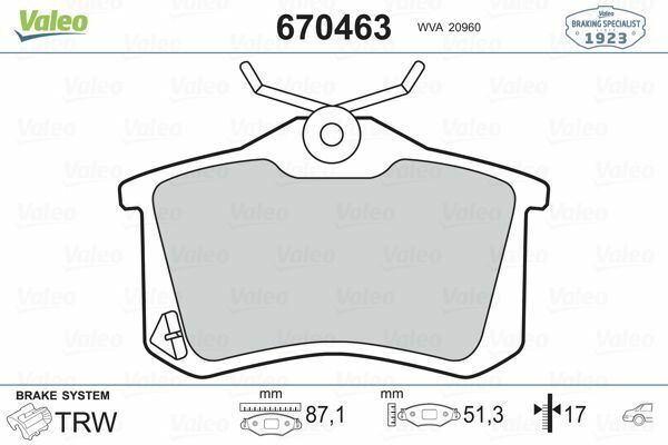 VALEO 670463 | Fren Balata Arka Golf.4.5-Psst-307-C2-C3-C4 17mm