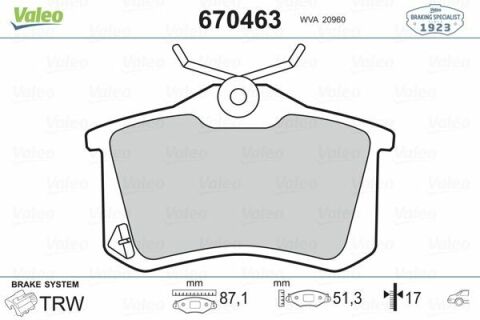 VALEO 670463 | Fren Balata Arka Golf.4.5-Psst-307-C2-C3-C4 17mm