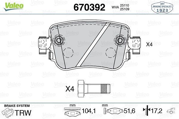 VALEO 670392 | Fren Balata Arka 15-Caddy-Sharan-Leon-Octavia-A1-Q3