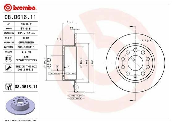 BREMBO 08.D616.11 | Fren Diski Arka (Skoda Octavia 18 -)-253×10 5×112 | 2 Adet