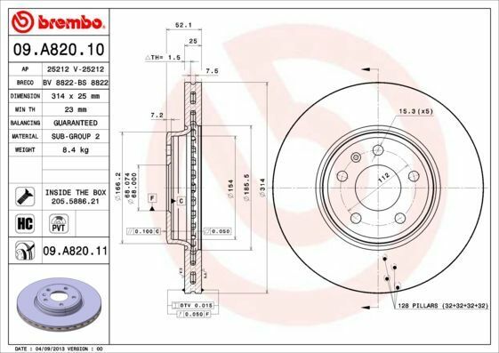 BREMBO 09.A820.10 | Fren Diski VW A4-A5 08-Ön 314X25 | 2 Adet
